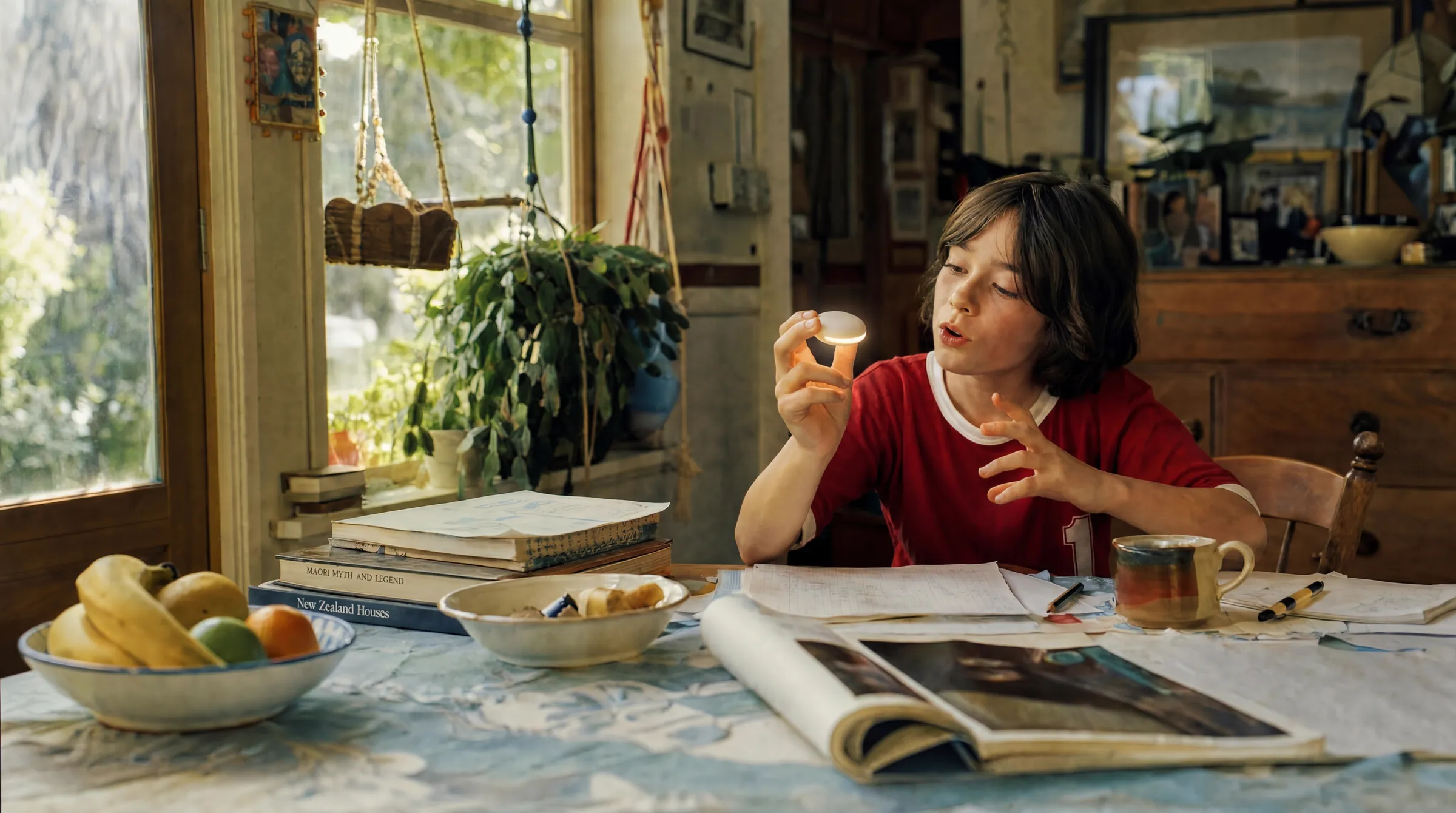 The child talking to the device at a kitchen table.
