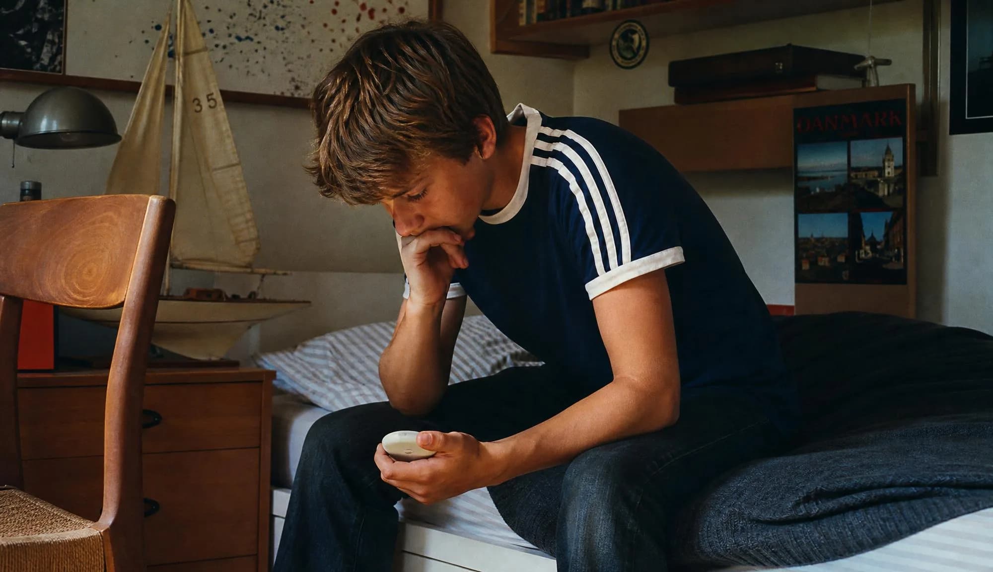 The seated teenager thinking with the device in hand.